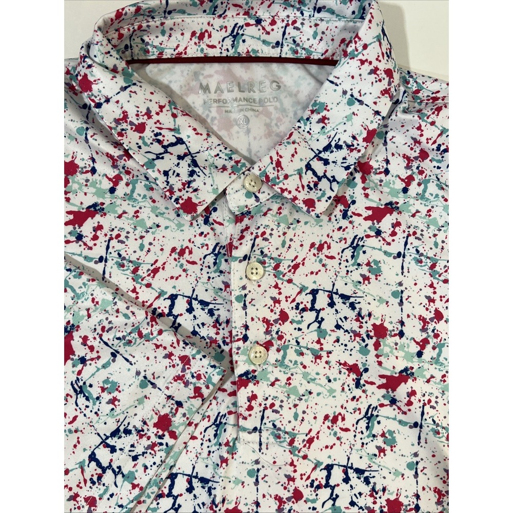 MAELREG Performance Polo Shirt Mens XL White Paint Splatter Stretch Golf